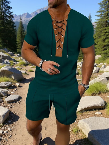 Latham Lace Up Waffle Knit Shirt and Shorts Set_11