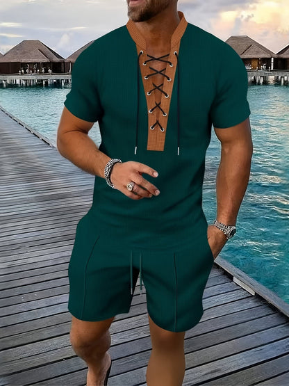 Latham Lace Up Waffle Knit Shirt and Shorts Set_4