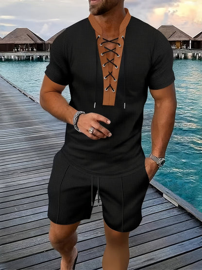 Latham Lace Up Waffle Knit Shirt and Shorts Set_5