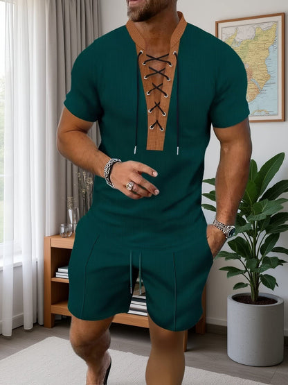 Latham Lace Up Waffle Knit Shirt and Shorts Set_7