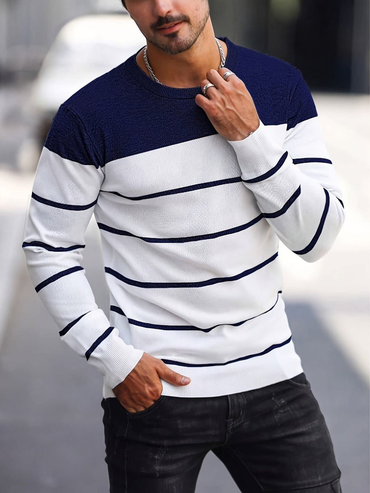 Finnegan Color Block Striped Crew Neck Pullover