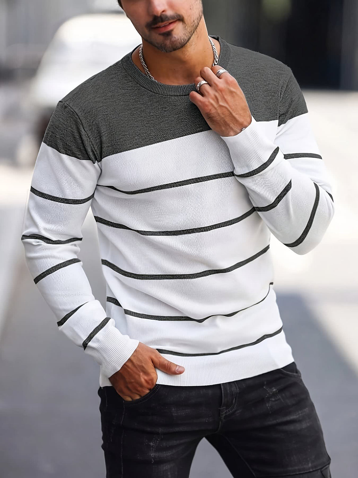 Finnegan Color Block Striped Crew Neck Pullover