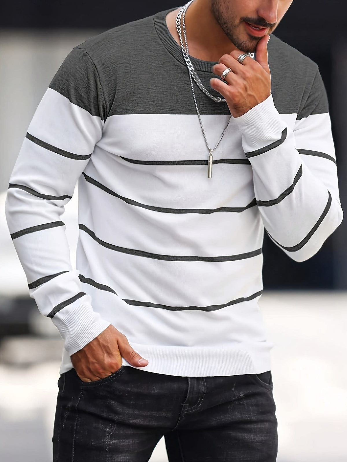 Finnegan Color Block Striped Crew Neck Pullover