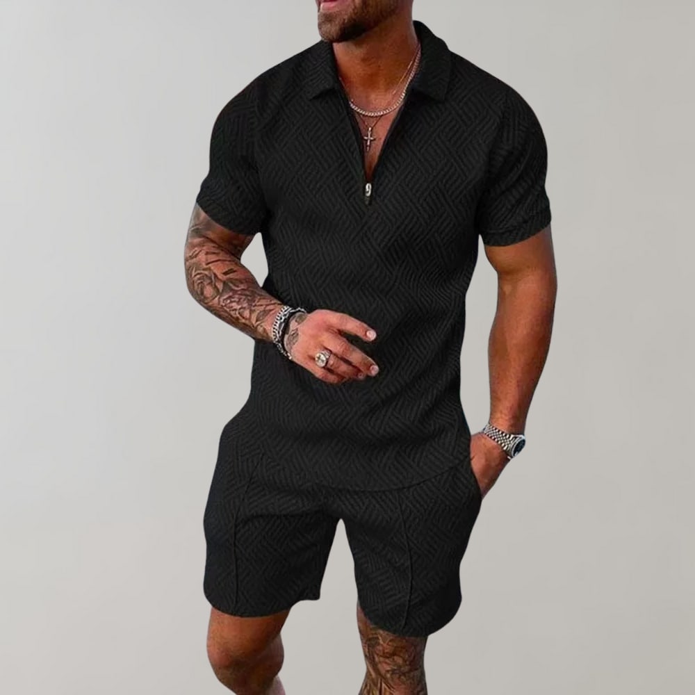 Carl Textured Zip Polo And Shorts Set_1