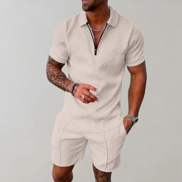 Carl Textured Zip Polo And Shorts Set_2
