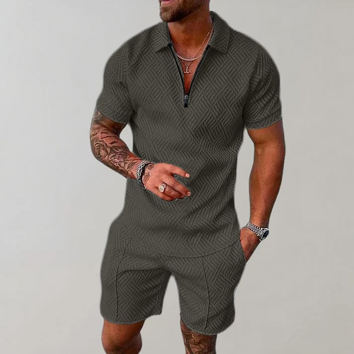 Carl Textured Zip Polo And Shorts Set_3