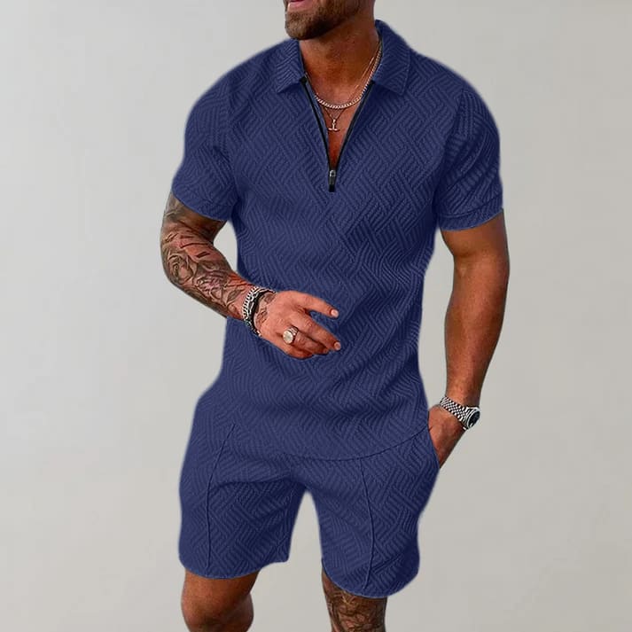 Carl Textured Zip Polo And Shorts Set_5