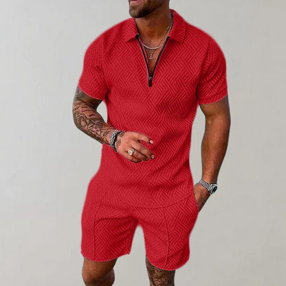 Carl Textured Zip Polo And Shorts Set_6