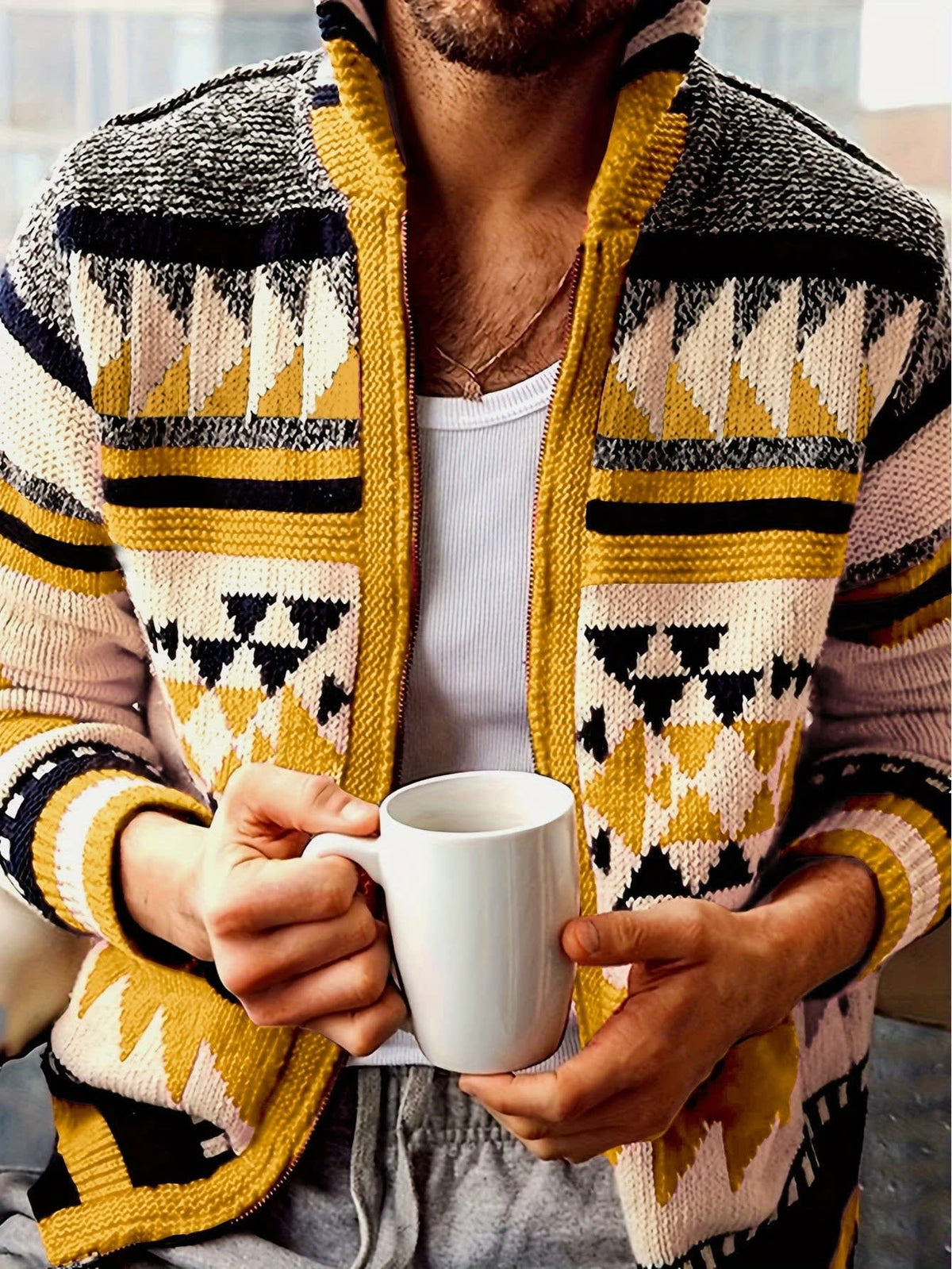Lyndon Geometric Knit Zip Up Cardigan