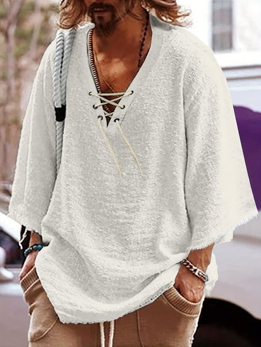Norris Lace Up V Neck Beach Shirt_1