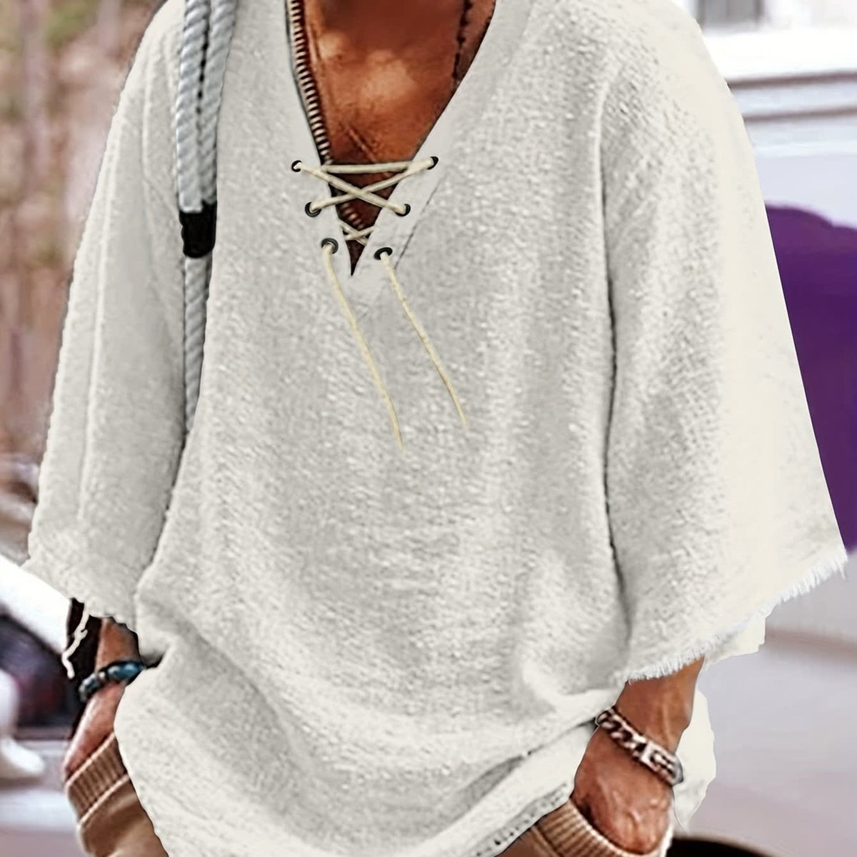 Norris Lace Up V Neck Beach Shirt