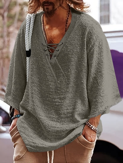 Norris Lace Up V Neck Beach Shirt_2