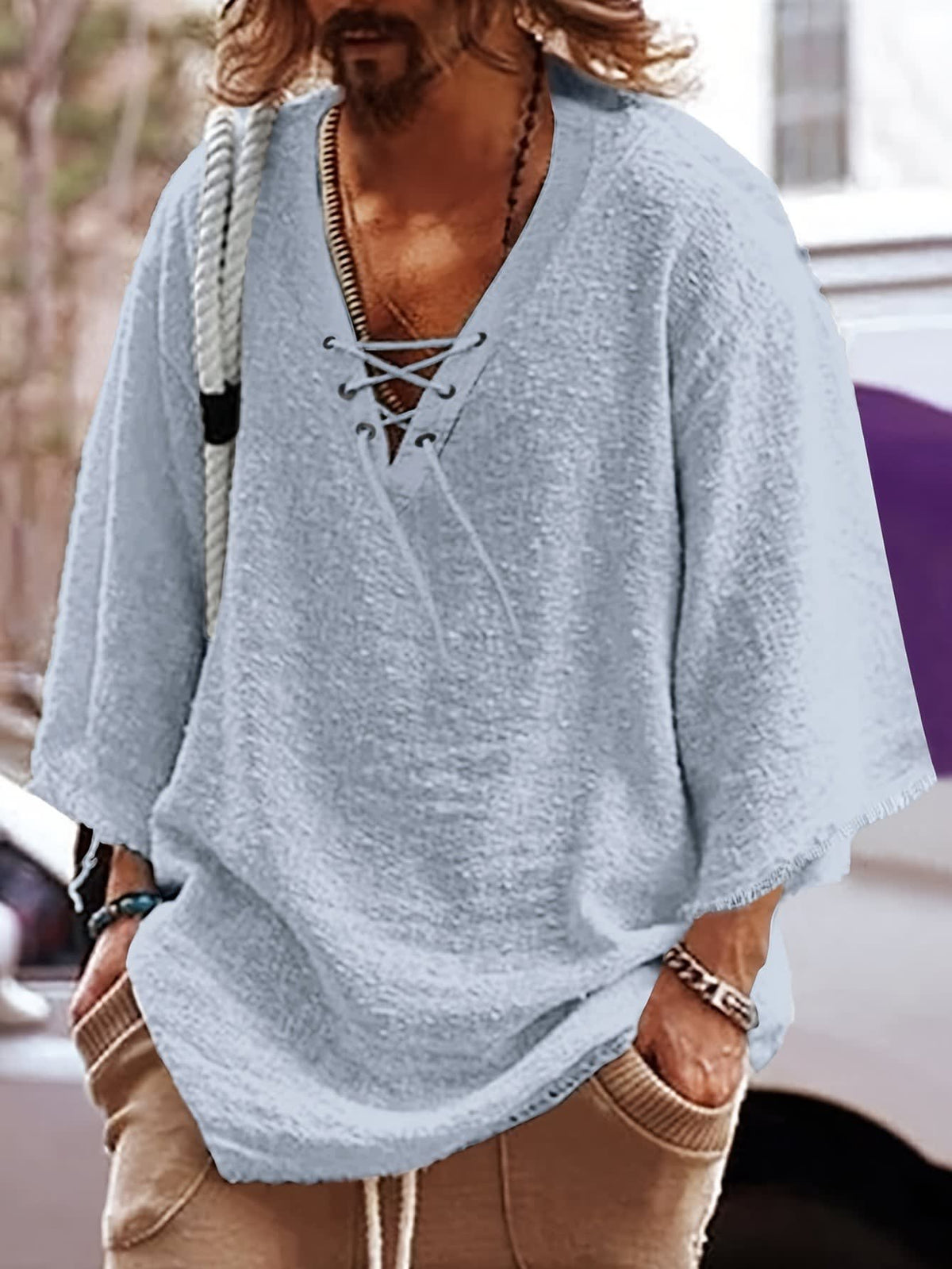 Norris Lace Up V Neck Beach Shirt
