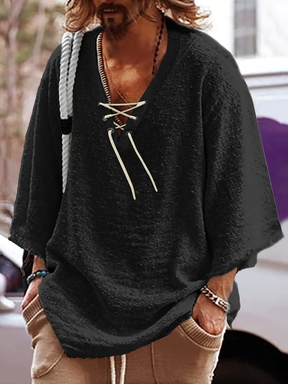 Norris Lace Up V Neck Beach Shirt