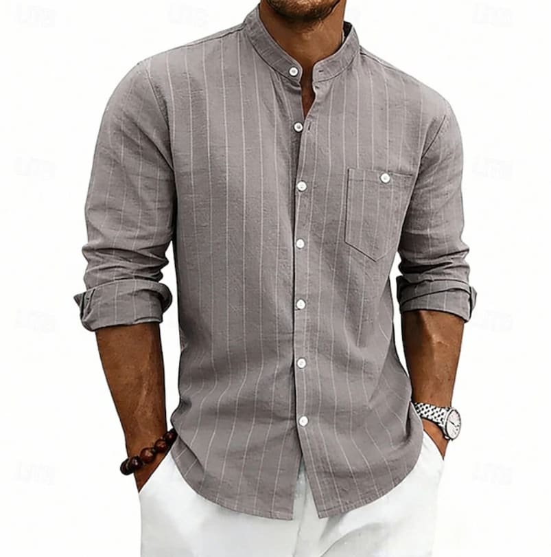 Sylvan Striped Band Collar Long Sleeve Shirt