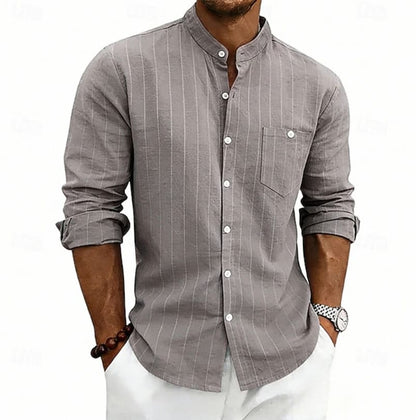 Sylvan Striped Band Collar Long Sleeve Shirt_1