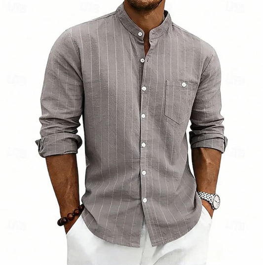 Sylvan Striped Band Collar Long Sleeve Shirt_1