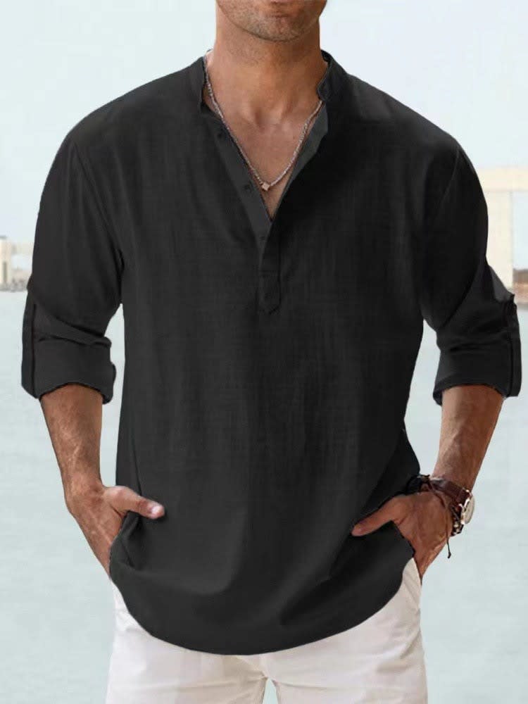 Byron Band Collar Long Sleeve Henley Shirt