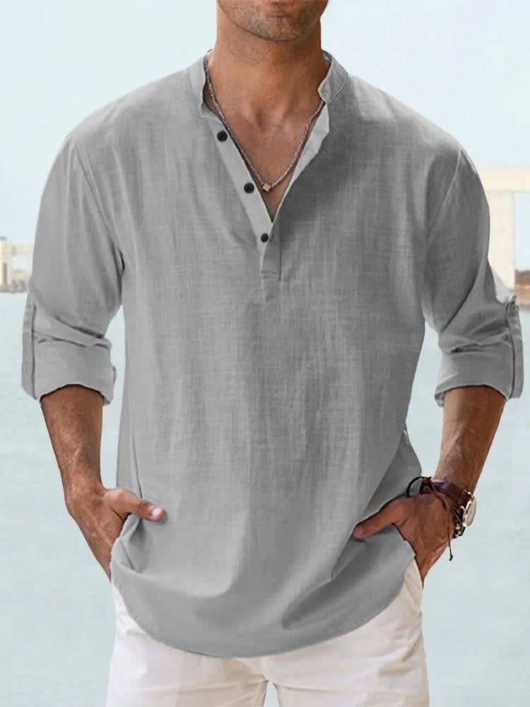 Byron Band Collar Long Sleeve Henley Shirt