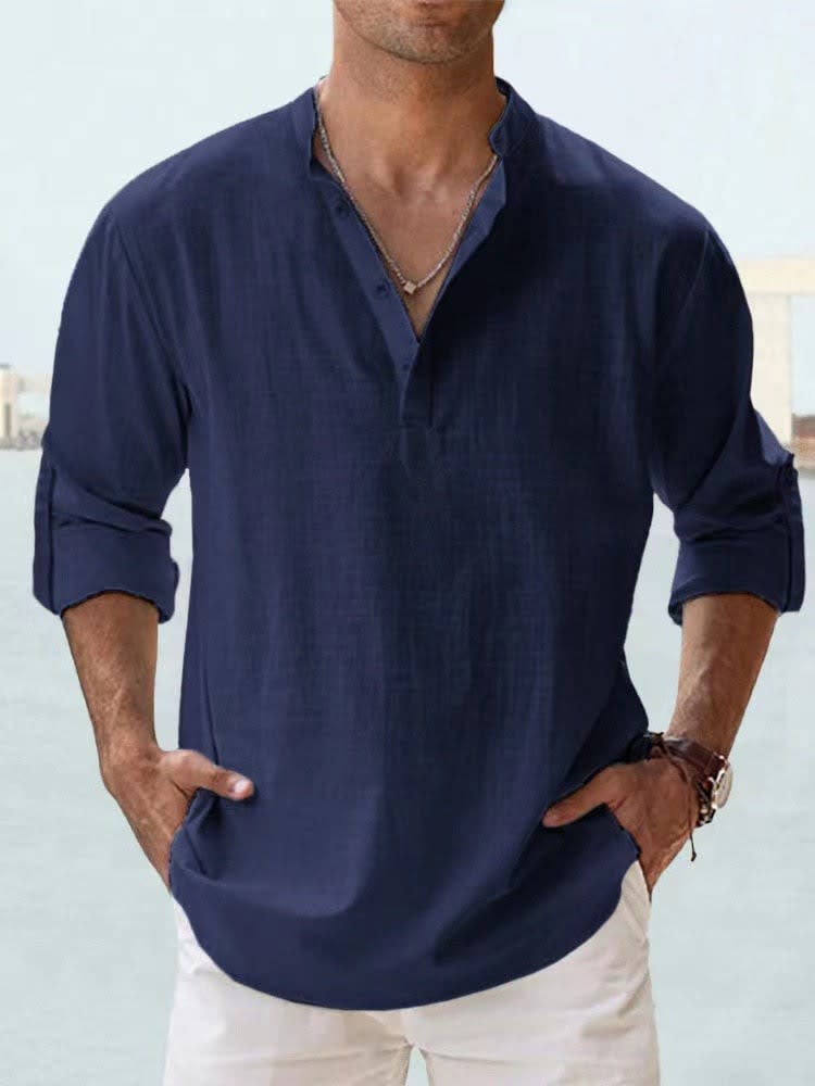 Byron Band Collar Long Sleeve Henley Shirt