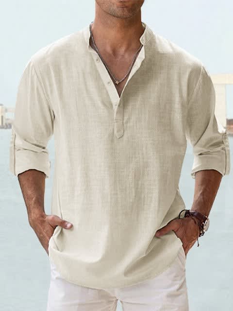 Byron Band Collar Long Sleeve Henley Shirt