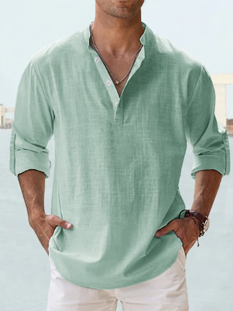 Byron Band Collar Long Sleeve Henley Shirt