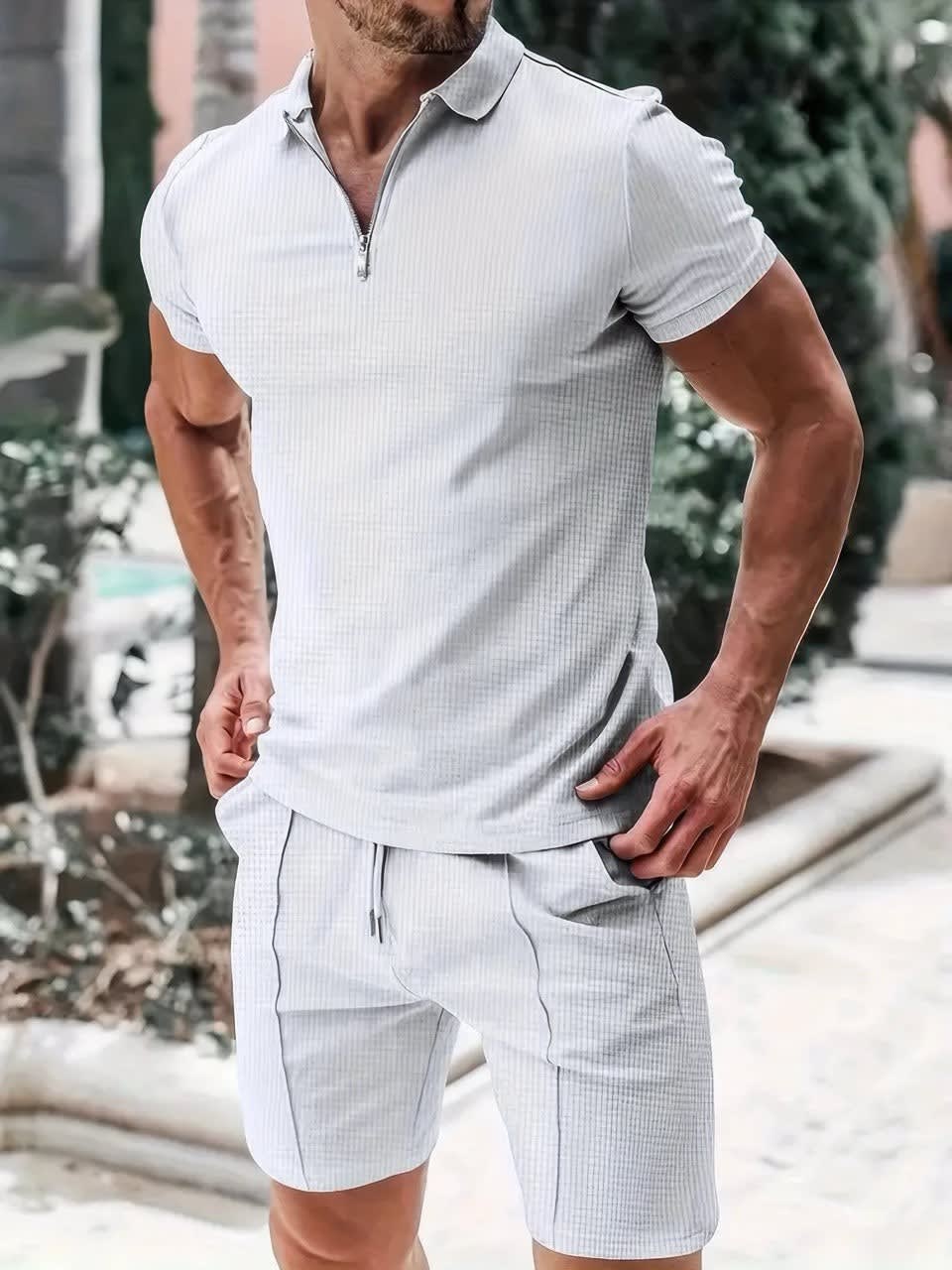 Rex Waffle Texture Zip Polo and Shorts Set