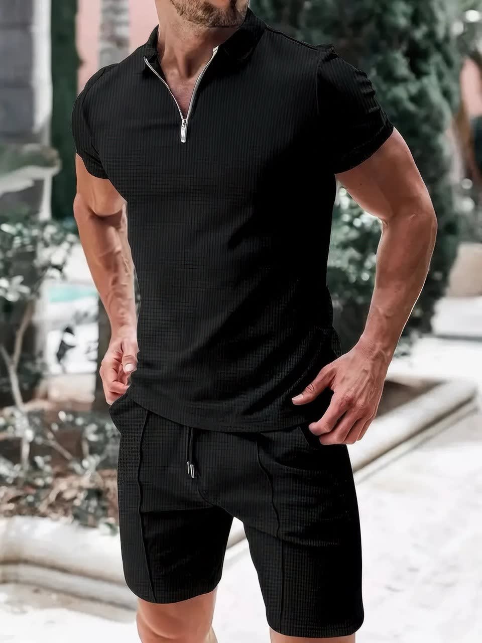 Rex Waffle Texture Zip Polo and Shorts Set