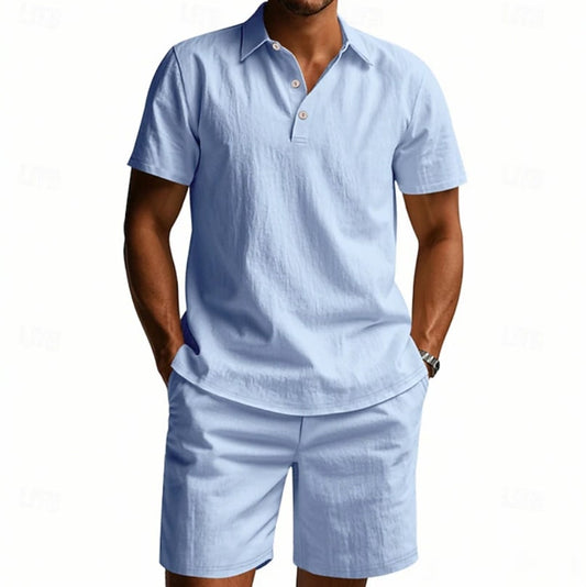 Lucas Textured Collar Shirt and Shorts Set_1