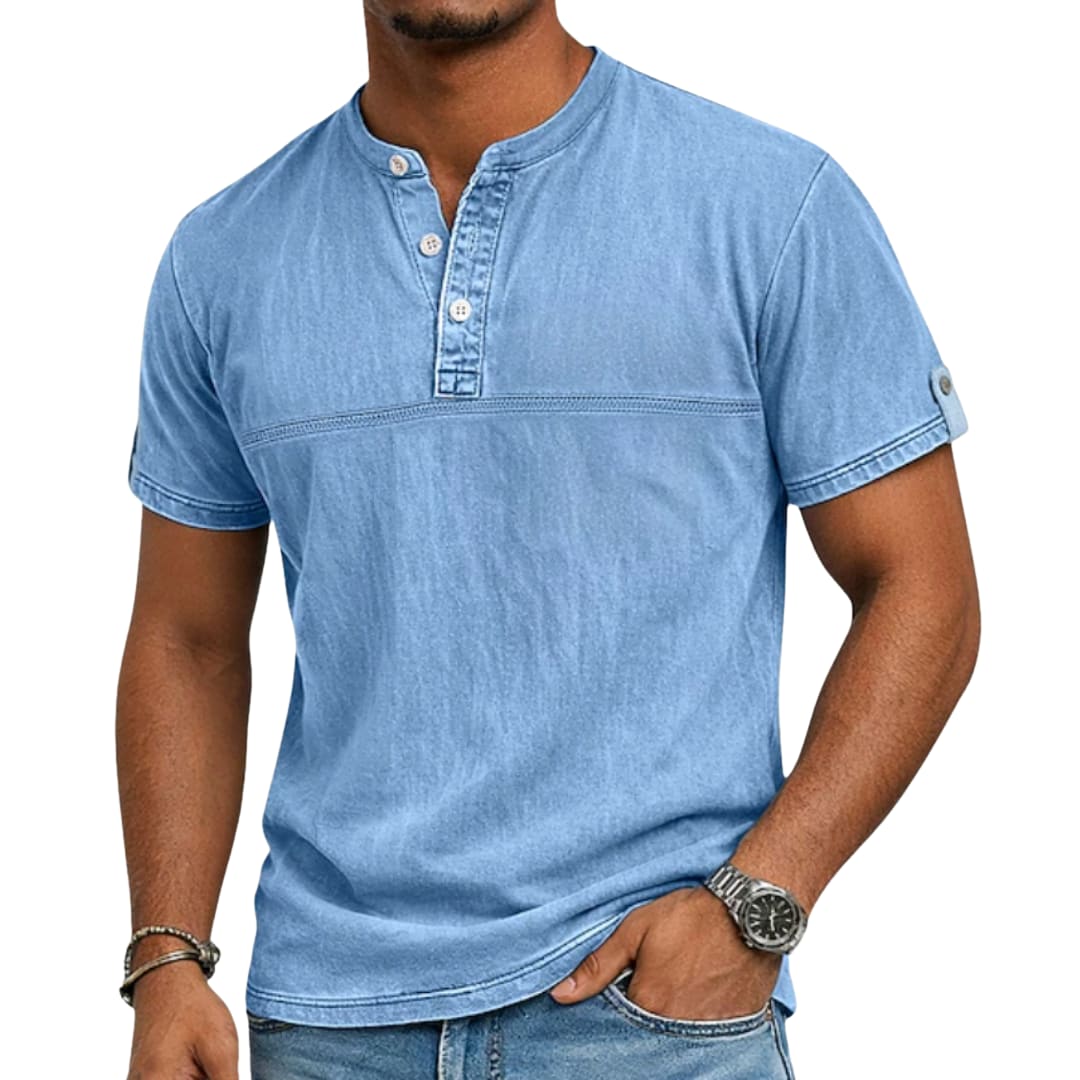 Cash Washed Band Collar Short Sleeve Henley_1