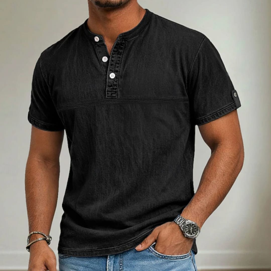 Cash Washed Band Collar Short Sleeve Henley_5