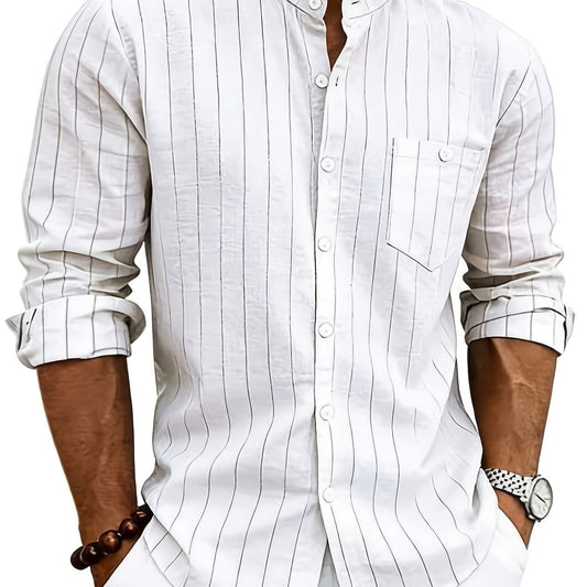 Lester Pinstripe Band Collar Long Sleeve Shirt_1