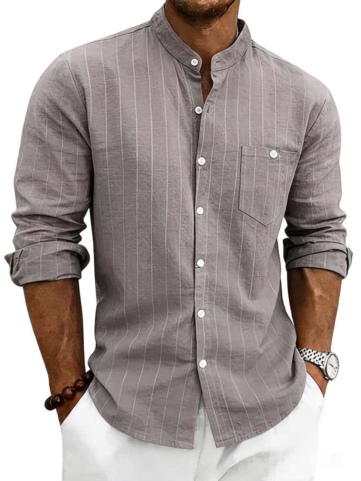 Lester Pinstripe Band Collar Long Sleeve Shirt