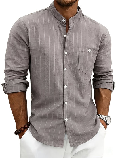 Lester Pinstripe Band Collar Long Sleeve Shirt_10