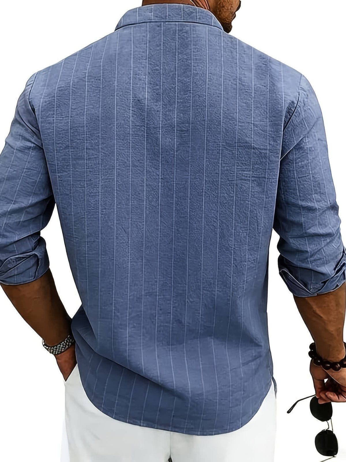 Lester Pinstripe Band Collar Long Sleeve Shirt