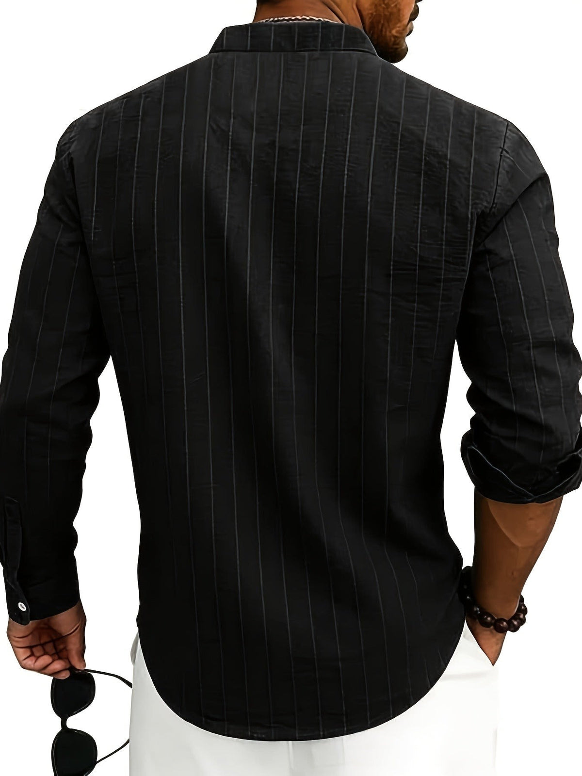 Lester Pinstripe Band Collar Long Sleeve Shirt