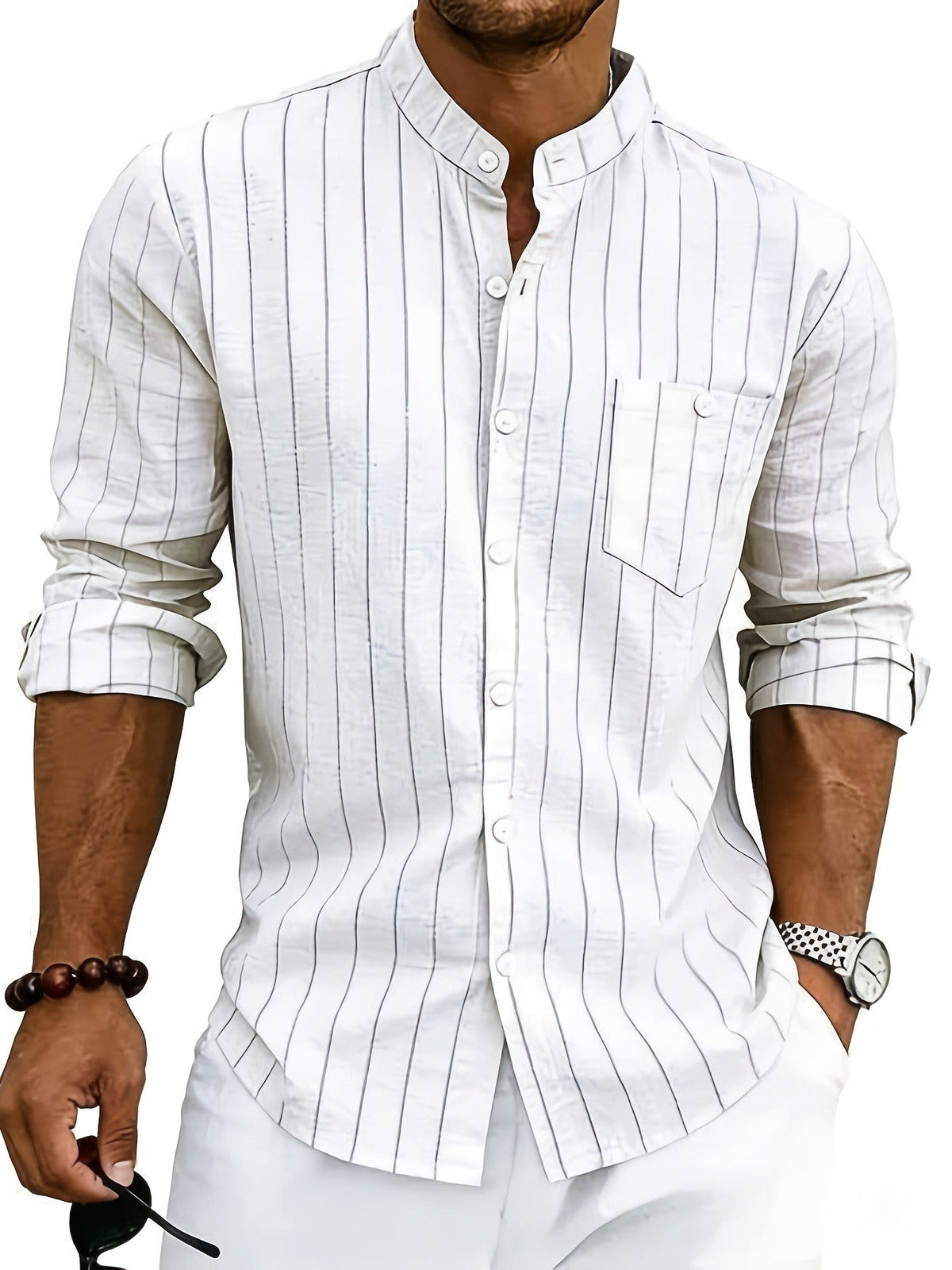 Lester Pinstripe Band Collar Long Sleeve Shirt