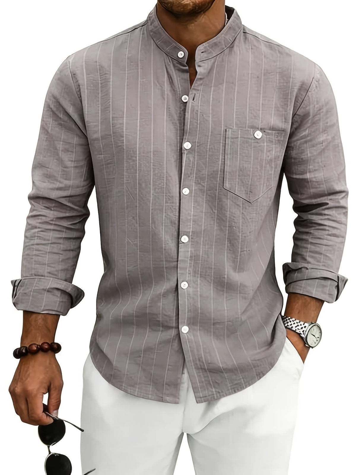 Lester Pinstripe Band Collar Long Sleeve Shirt