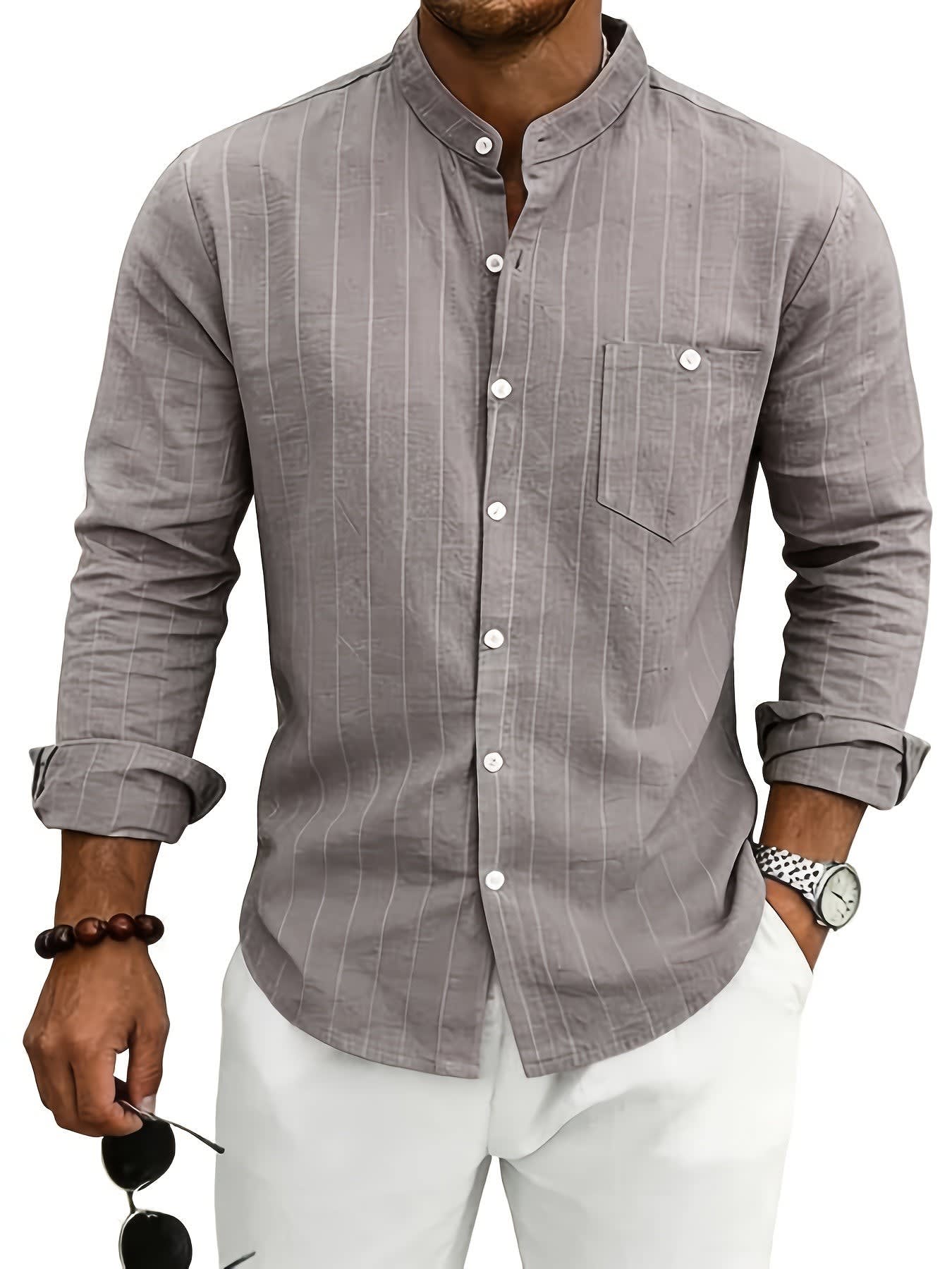 Lester Pinstripe Band Collar Long Sleeve Shirt_15