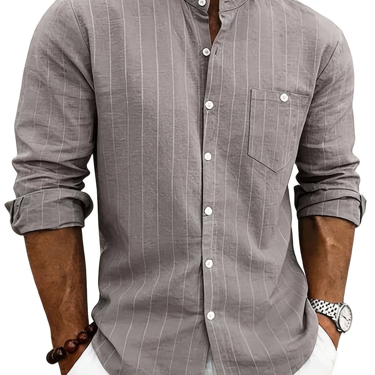 Lester Pinstripe Band Collar Long Sleeve Shirt