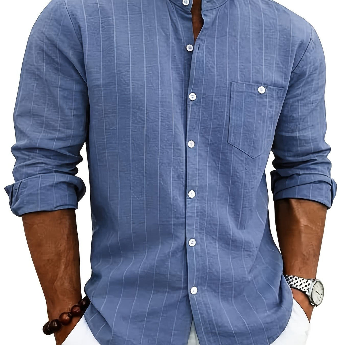 Lester Pinstripe Band Collar Long Sleeve Shirt