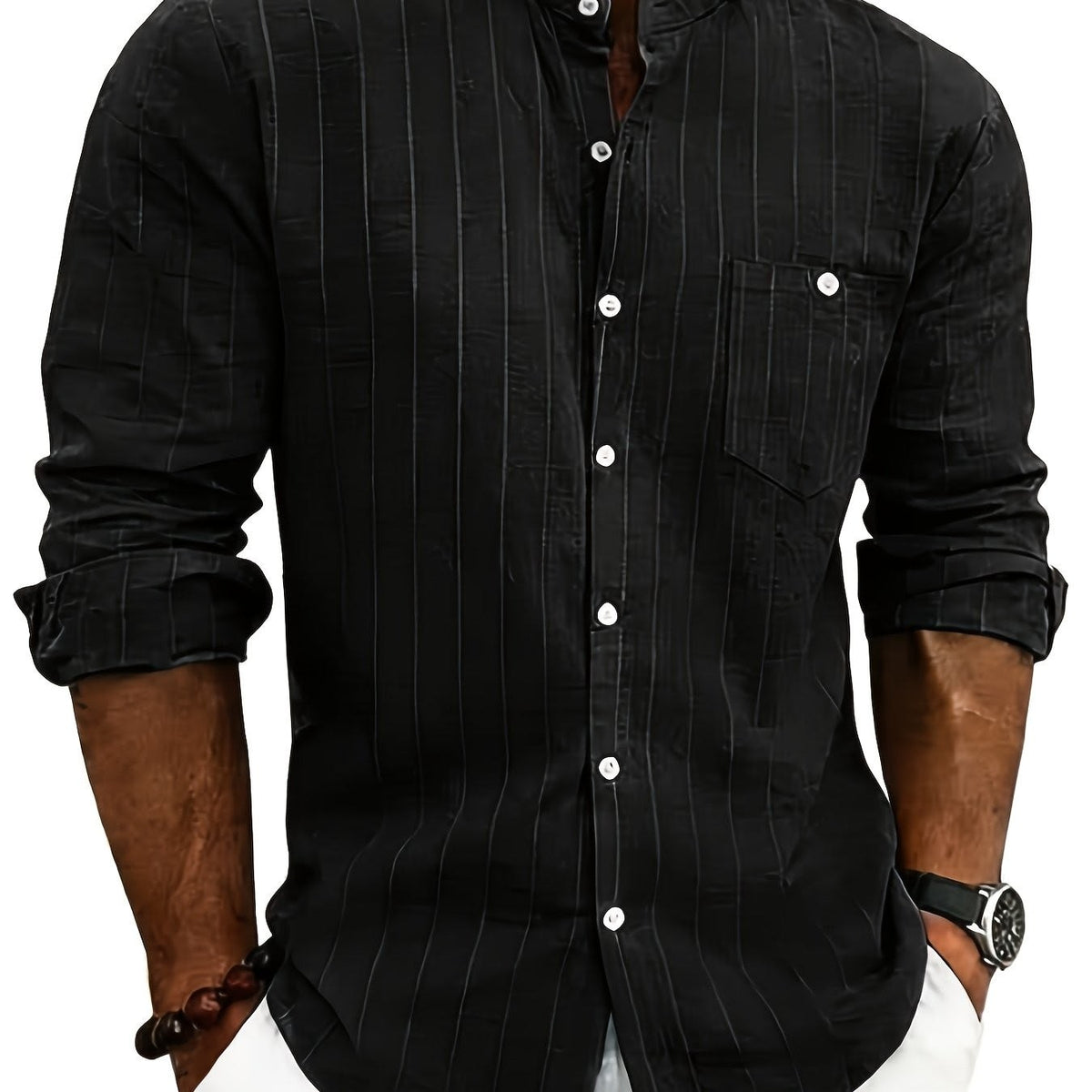 Lester Pinstripe Band Collar Long Sleeve Shirt