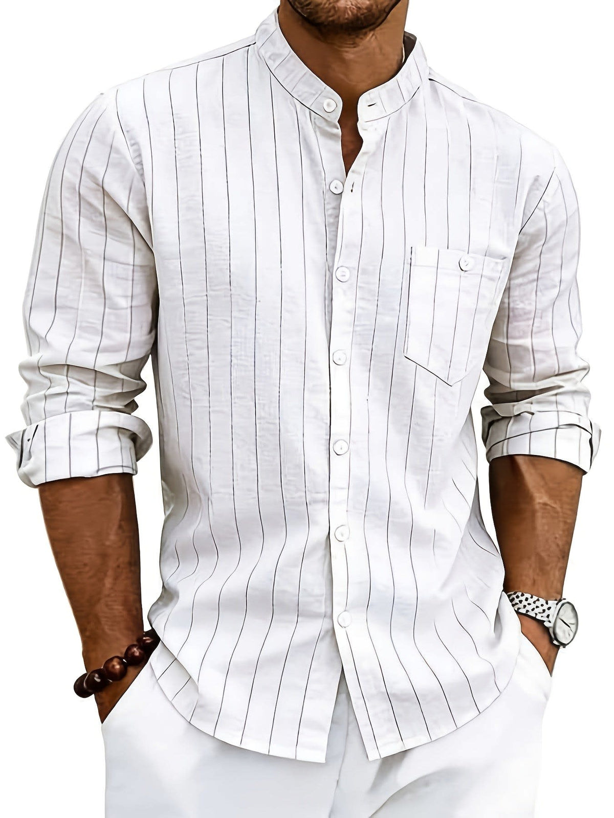 Lester Pinstripe Band Collar Long Sleeve Shirt