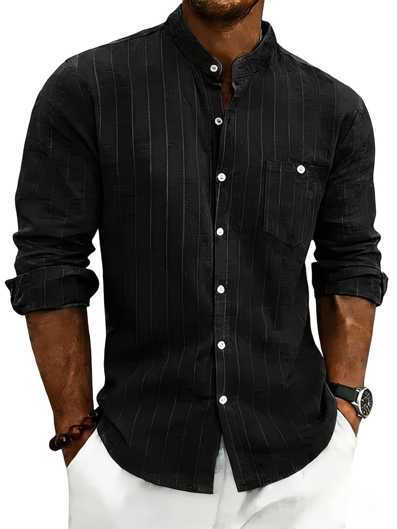 Lester Pinstripe Band Collar Long Sleeve Shirt_8
