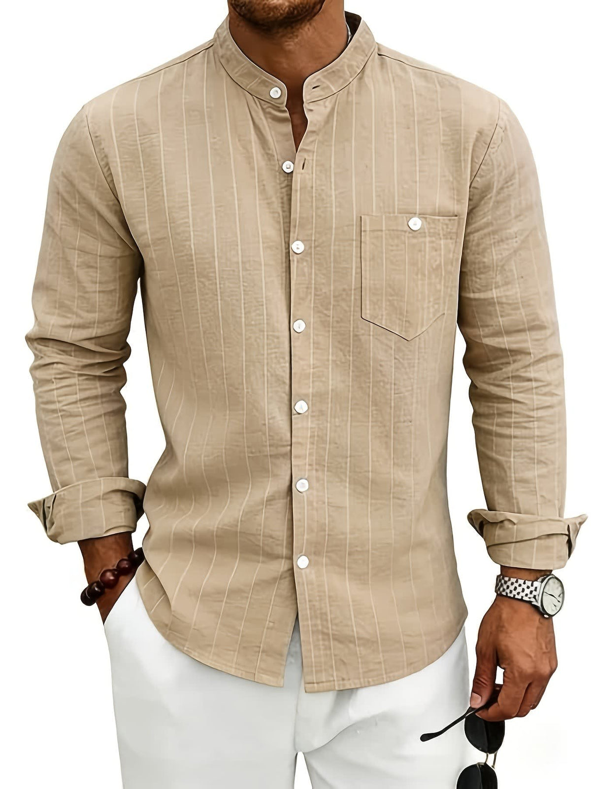 Lester Pinstripe Band Collar Long Sleeve Shirt